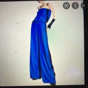 Alexis black strapless silk jumpsuit with royal blue stripes
